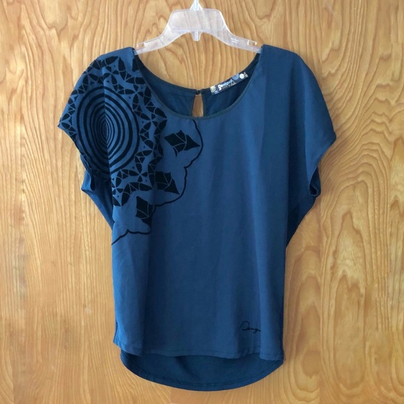 Desigual top, navy with black velvet detail, S - Picture 1 of 10